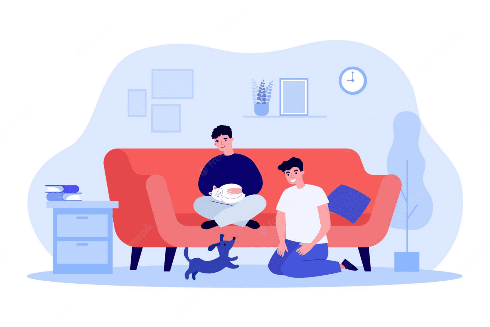 two people sitting in their lounge with a cat and dog
