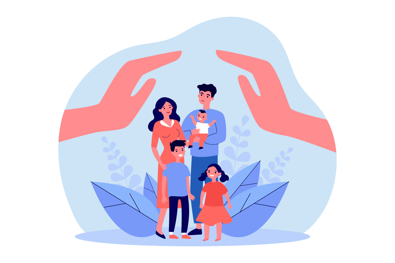 graphic of family of five being protected by two hands