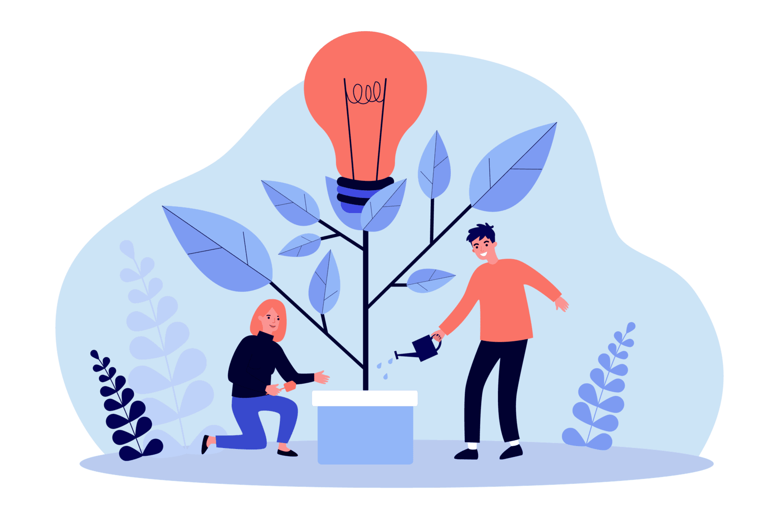 two people watering a tree that has a lightbulb at the top