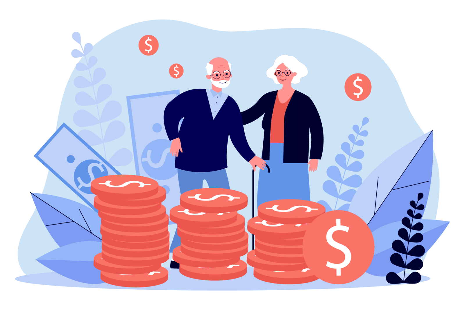 two elderly people with money surrounding them